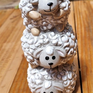 Sheep Concrete Statue. Lamb Sculpture Trio. Natural Stone Faces. Handmade, hand painted. 5&quot; Tall Cement Décor Ornament. Adorable Sweet Gift.