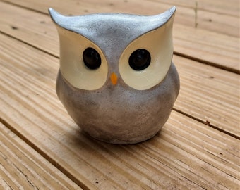 Small Owl Concrete Statue. Natural Stone Body, Cream Colored Facial Discs, Orange Bill, Black Eyes. 3" Owlet. Cute Gift for Owl Lovers.