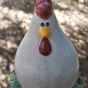 The Naked Chicken. Hen statue. Natural stone body. Muted red comb & wattle. Concrete statue. Cement sculpture. Handmade/hand painted.