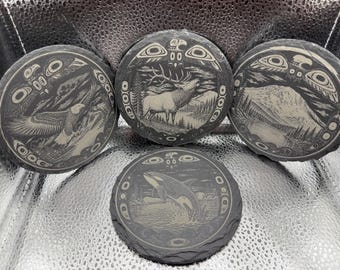 Pacific Northwest Slate Coaster Set – Mt Rainier, Orca, Eagle & Elk