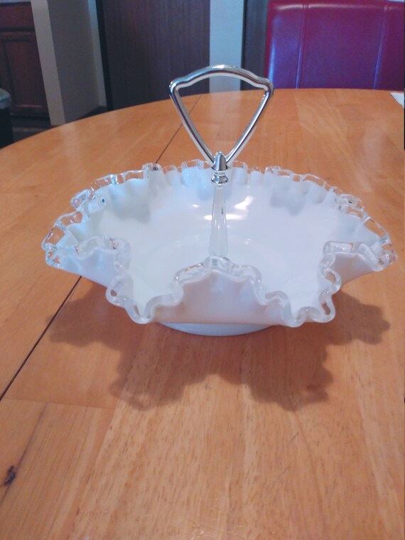 White Fenton Silvercrest Candy/nut Dish With Chrome Handle Circa. 1960s