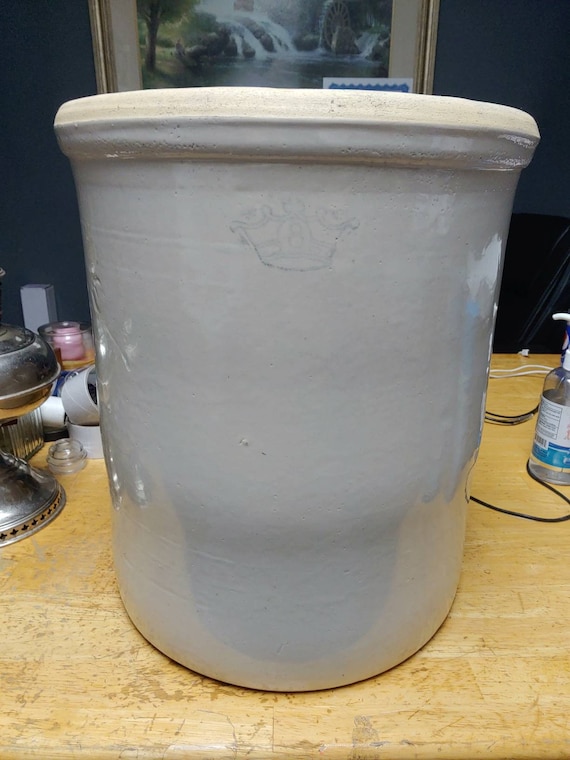 Blue Crown Roseville Robinson Ransbottom 8 gallon salt glazed stoneware crock Circa. 1910