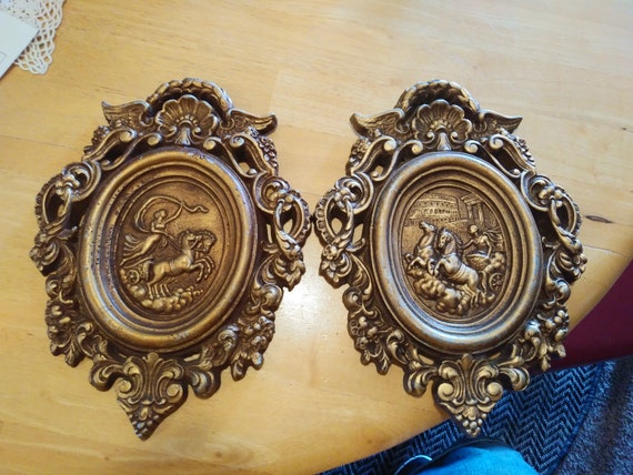 Pair of Wall hangers with Roman scenes by Univeral statuary Corp Chicago Illinois Circa. 1957 set # 461.