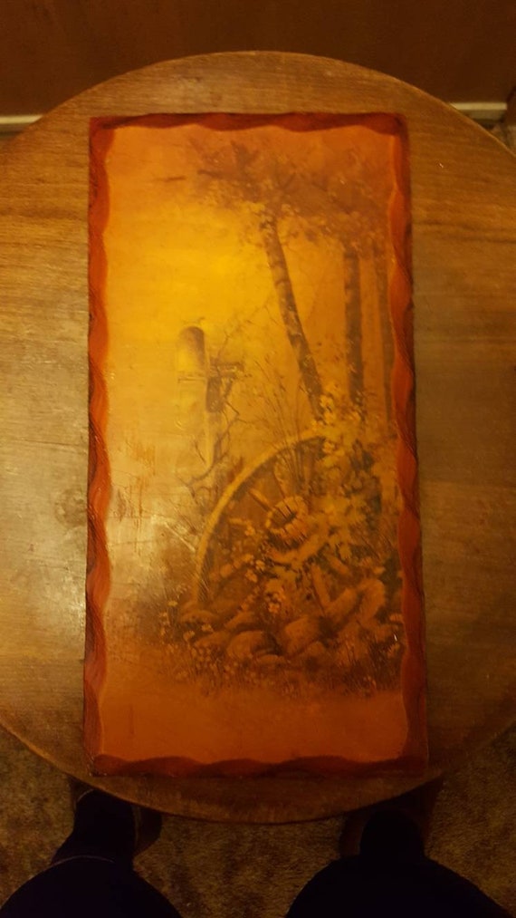 Lithograph on wood of a country scene 1950s