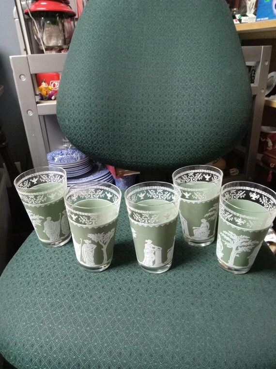 Set of 6 Jeannette Glass Wedgewood Sage Green JasperWare Greek Goddess Glasses