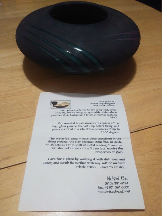Michael Cho Vase Studio Handcrafted Pottery Stoneware Signed With Paper Circa 4-17- 2000