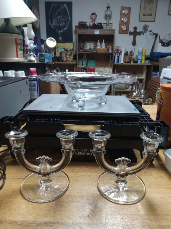 Fostoria Footed etched center piece with two etched candles
