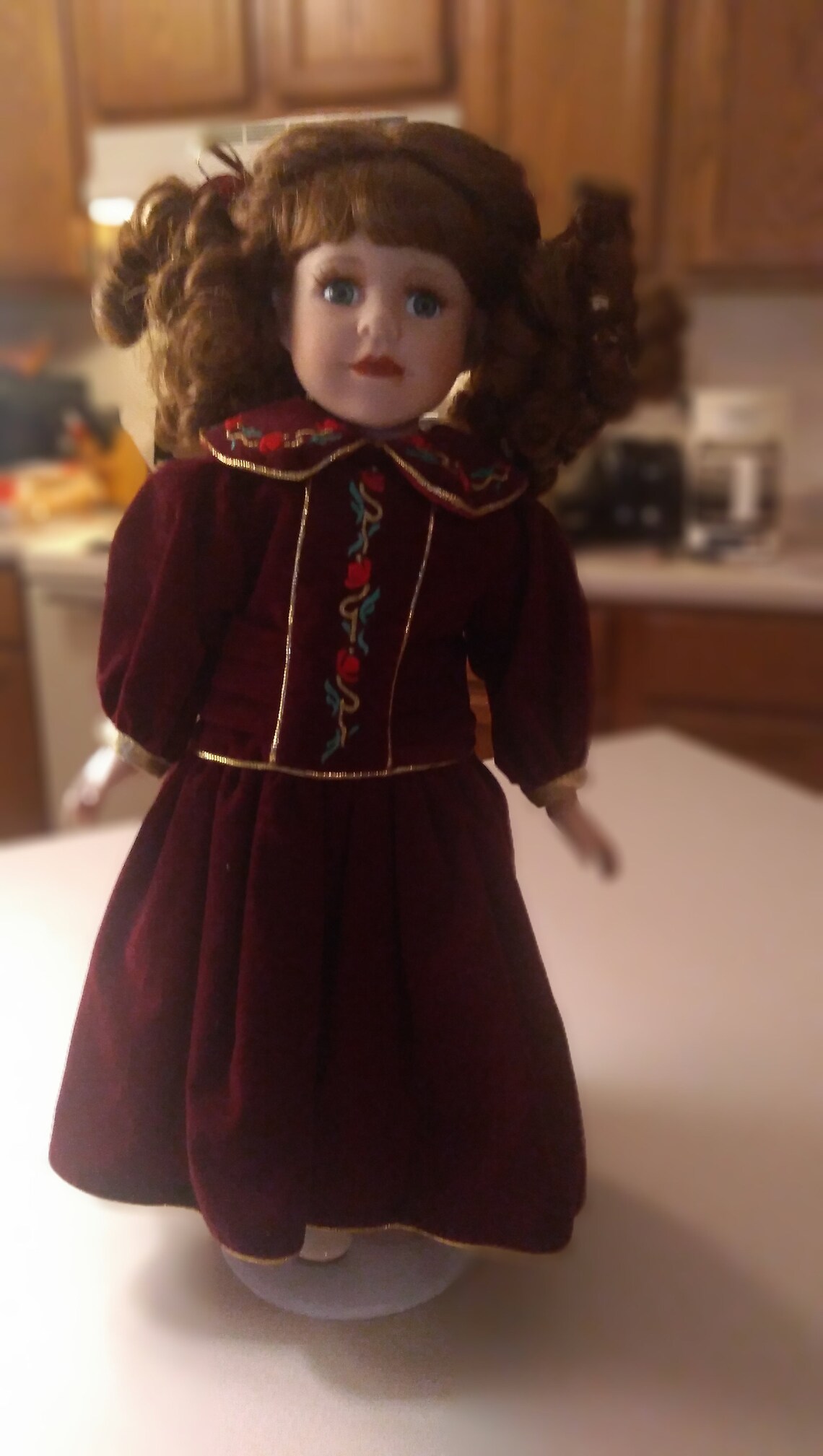 Porcelain Doll 2 in Red Velvet Dress With Flowers and Gold Etsy