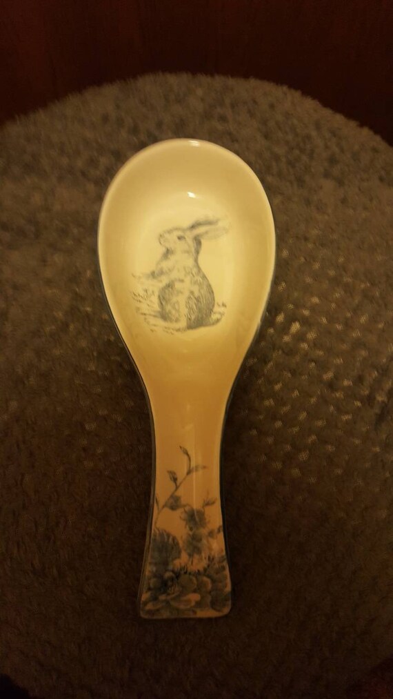 Blue White Foils Porcelain Spoon with Bunny and flowers painted on it