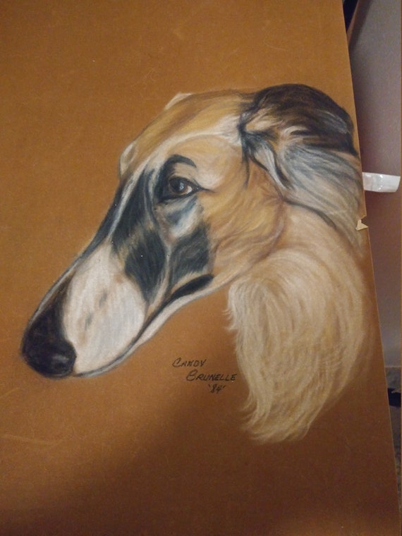 Pen, pencil and ink drawings and sketches on paper and velvet by Candy Brunelle Of dogs Circa. 1980s and 1990s. All original Art.