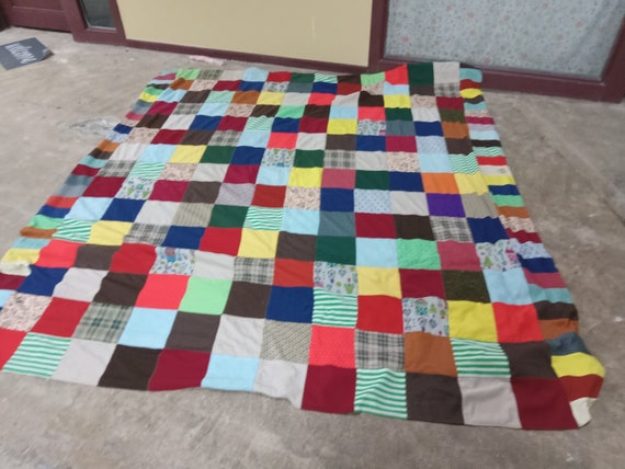 Hand Stitched Light Patchwork Squares Quilt extra large 97×93