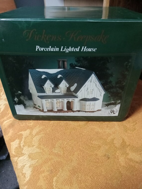 White house green roof porcelain lighted house