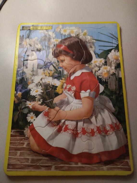 Girl Picking Daisy's Sta-N-Place Inlaid Puzzles 1960 No. 1304