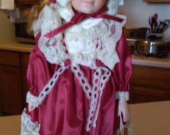 Vintage Porcelain Doll: Rebecca, Red Satin Dress, Lace Trim, 1980s
