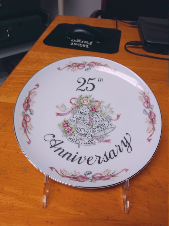 25th Anniversary plate by Lefton with Holder Circa. 1995