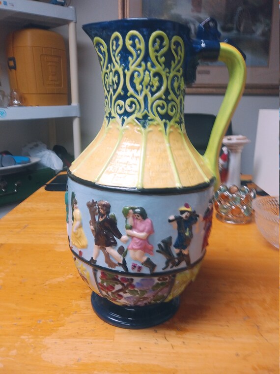 Atlantic Mold Decorative German Painted Pitcher Old World Circa. 1970s