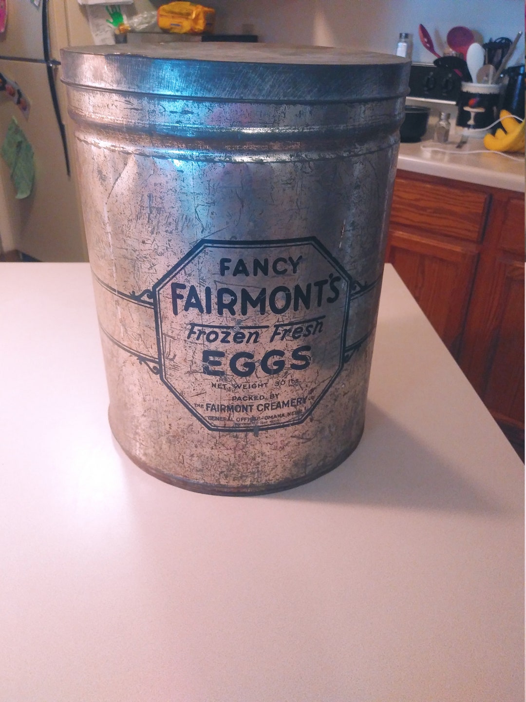 Fancy Fairmants Frozen Fresh Eggs Net Weight 30 Lbs the Fairmont Creamery Omaha Nebraska Tin