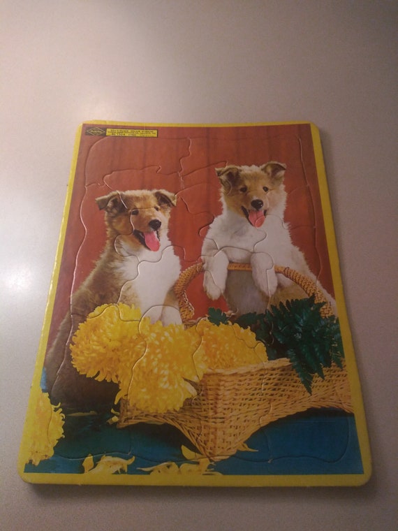 Two Collie Puppies in a Basket Sta-N-Place Inlaid Puzzles 1962