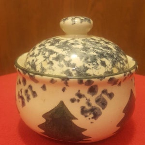 Può includere: Una zuccheriera in ceramica bianca con coperchio. La ciotola ha una glassa screziata blu e verde con un disegno di alberi di pino verdi.