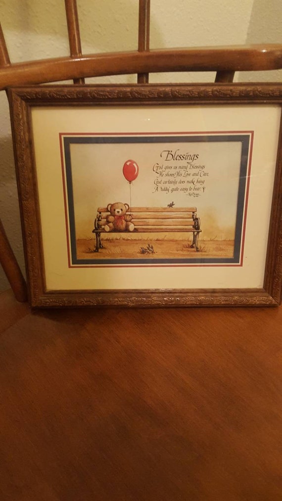 Teddy Bear with a balloon on a bench, by home interiors 1980s