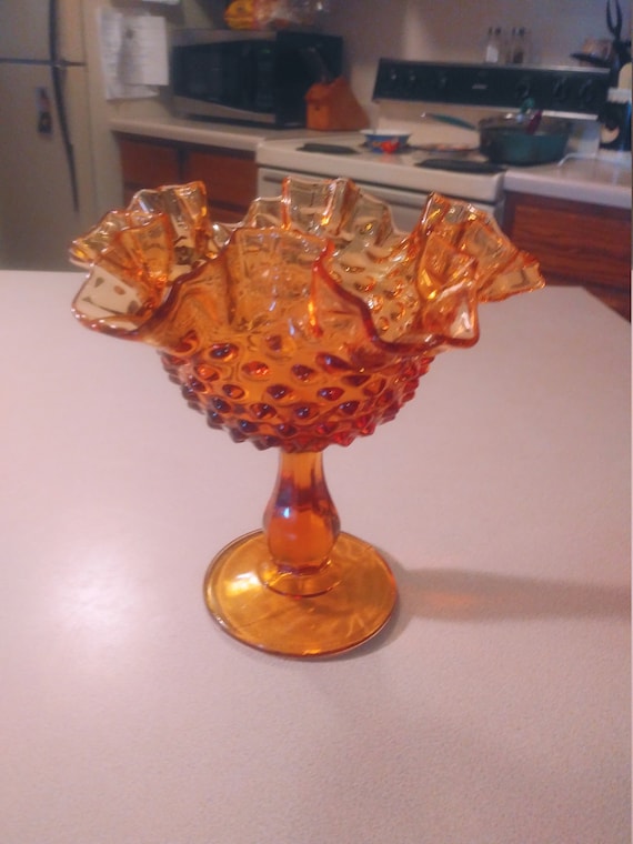 Fenton Amber hobnail thumbprint Colonial ruffled top footed bowl dish Circa. 1960s