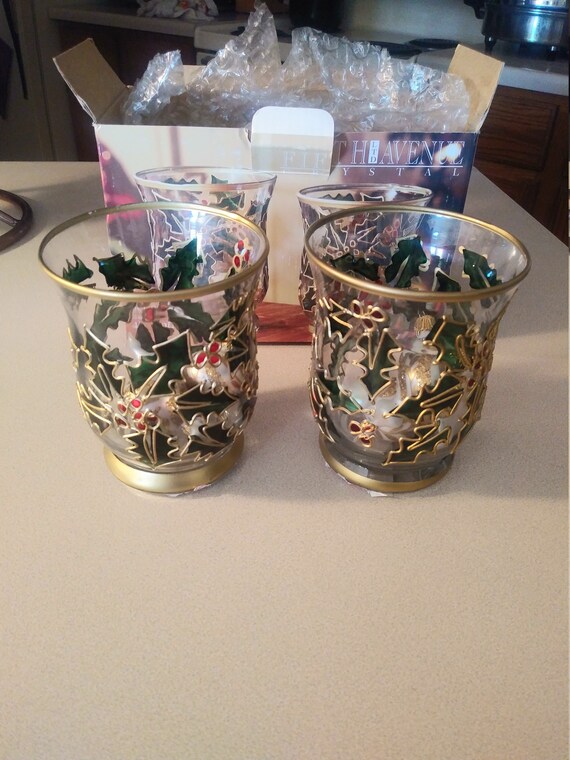 Pair of 2 Hand Painted  Holly Votives like new in box Circa. 1980s with 6 mini Christmas bulbs too.
