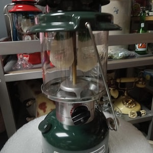 Coleman Double Mantle 290A700 lantern with Pyrex glass chimney and travel case Circa. August 1988