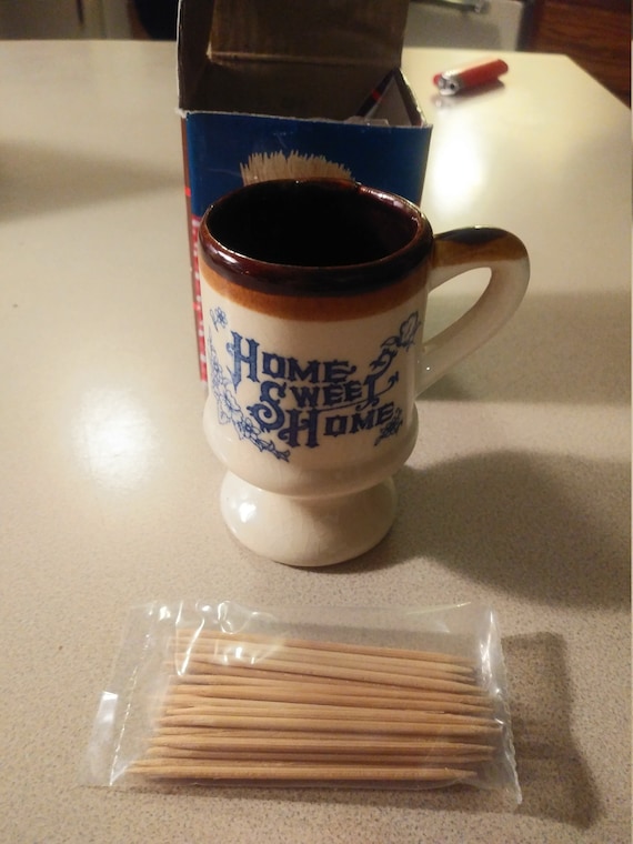 Earthenware toothpick holder with toothpicks and original box Circa. 1985