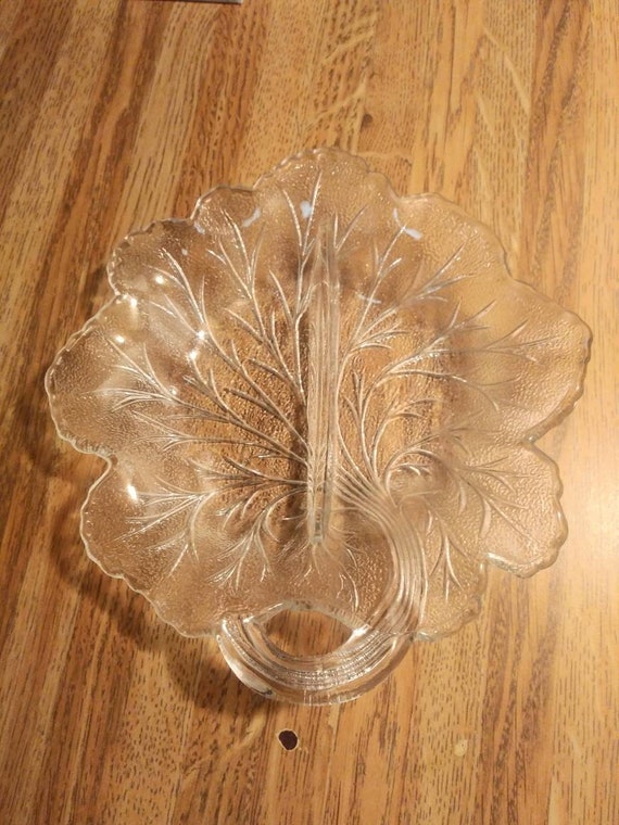 Leaf Shaped pressed cut glass divided  candy dish with vine pattern in glass Circa. 1950s