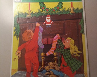 Three Christmas Stockings Frame Tray Puzzle by Whitman 1973