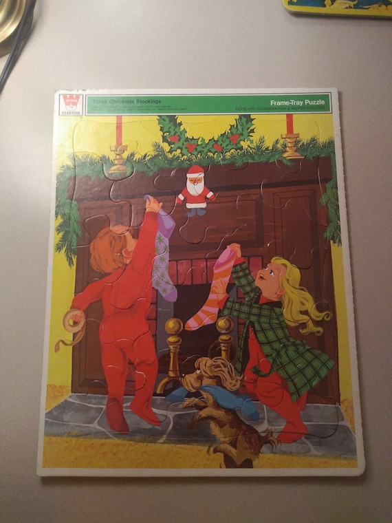 Three Christmas Stockings Frame Tray Puzzle by Whitman 1973