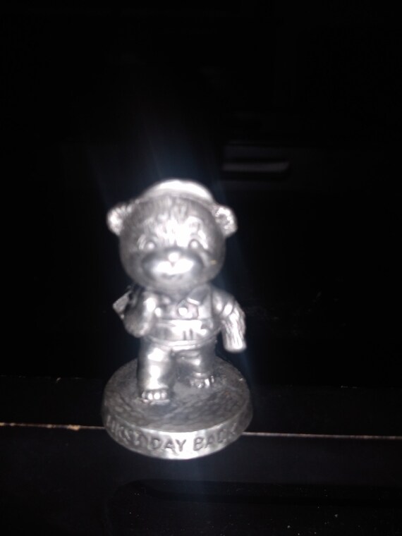 First Day Back by Avon Pewter Bear in baseball hat with back pack full of books in bib overalls 1983
