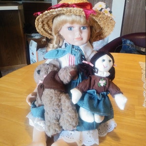Vintage Porcelain Doll #207 with Teddy Bear & Rag Doll, 1980s