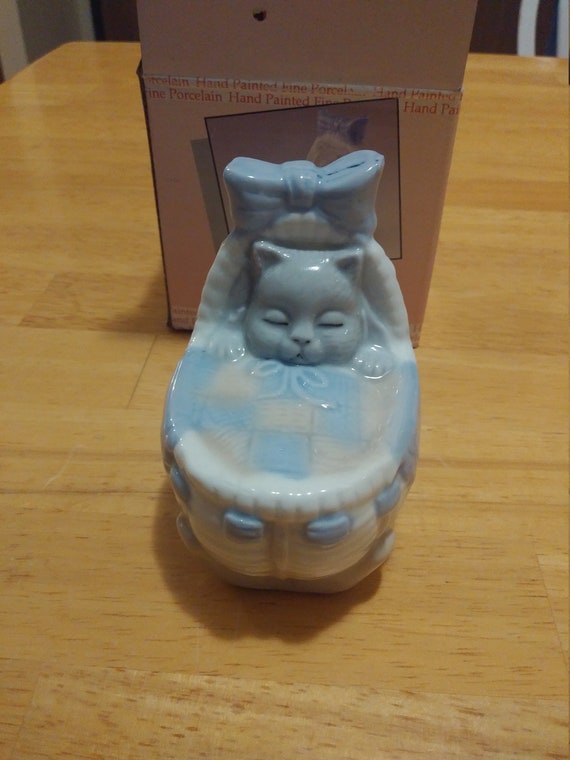 Bear In Basket Hand Painted Fine Porcelain in original box 1992