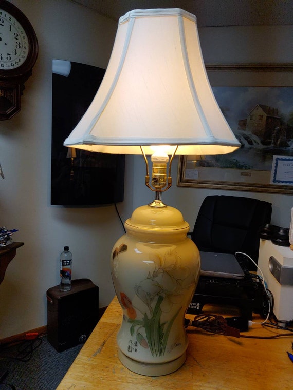 Porcelain & glass Iris and Butterfly Hand Painted and Signed Asian Lamp Circa. 1980s
