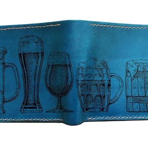 Cartera de cuero de primera calidad para hombre con diseño de arte para beber, idea divertida para regalar alcohol, dibujo de vasos de cerveza, pinta de cerveza, nueva cartera navideña para bebedores