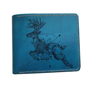 Cartera de cuero genuino con diseño geométrico de ciervo para hombre, idea de regalo de billetera de caza premium única, animal salvaje personalizado, regalo de billetera navideña hecha a mano