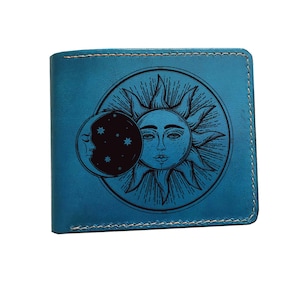 Cartera de cuero premium Sol y Luna, regalo romántico de cartera de cuero genuino del Sistema Solar, cartera del Universo, cartera triple navideña hecha a mano