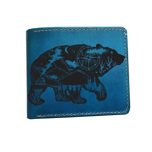 Cartera de cuero genuino con tatuaje de oso, regalo de cuero de vaca de primera calidad, regalo de billetera de caza hecha a mano, regalo de billetera de hombre de Navidad con animales salvajes personalizado