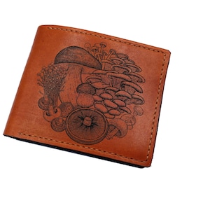 Ilustración de dibujo divertido de hongos mixtos, billetera de cuero premium personalizada, billetera de cuero genuino con forma de hongo, idea de regalo de billetera nueva personalizada para Navidad