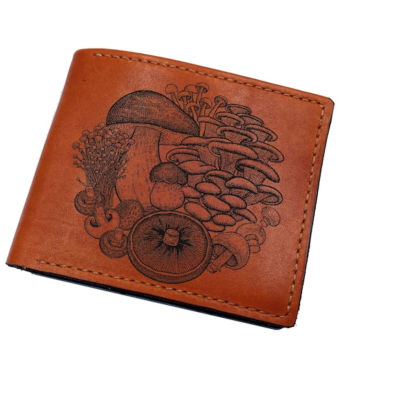 Mushroom Art Handmade Leather Wallet: Funny Drawing Cookbook, Name Engraved Gift