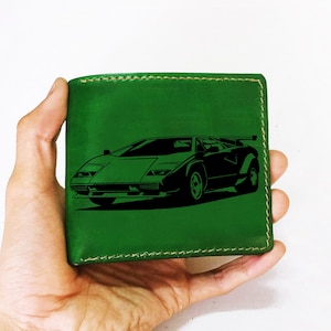 Cartera de cuero hecha a mano Lamborghini Countach/Regalo de automóvil/Cartera de mecánico para hombre/Idea de regalo de billetera de automóvil de ensueño de Navidad/Cartera de cuero de tres pliegues