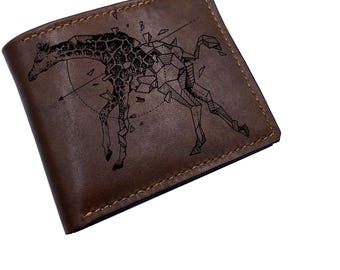 May include: A brown leather wallet with a geometric giraffe design engraved on the front.