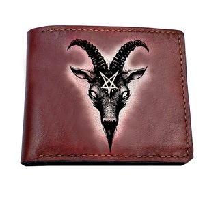 Cartera de cuero personalizada para hombre Black Goat Satan, cartera premium para hombre con pátina, idea de regalo de pentagrama, regalo único de cartera triple para hombre para Navidad.