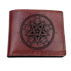 Pentagramm Echtleder Brieftasche/Satanisches Geschenk/Teufel Symbol/Premium Pentagramm Männer Brieftasche Geschenk für Ihn/Weihnachten Trifold Brieftasche Geschenk
