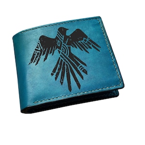 Cartera de cuero premium para hombre con diseño de cuervo, cartera para hombre hecha a mano y personalizada con runas nórdicas, boceto de cuervo, animal antiguo, nueva idea de regalo de billetera para Navidad