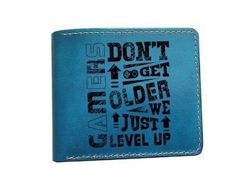 Personalized Leather Gamer Wallet: Level Up Gift, Handmade trifold bifold, Game quotes