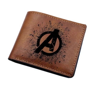 Portefeuille en cuir premium Avengers, portefeuille en cuir de vachette véritable, cadeau portefeuille personnalisé pour lui, idée cadeau cadeau portefeuille homme super-héros de Noël