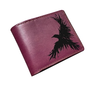 Cartera de piel auténtica con diseño de cuervo volador, cartera para hombre hecha a mano con runas nórdicas, animal celta, pájaro antiguo inspirado en Juego de tronos, cartera navideña