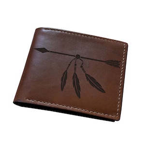 Cartera de cuero premium Arrow Art/Cartera de cuero hecha a mano personalizada con flecha de plumas/Cartera de cuero triple navideña, Cartera Dreamcatcher